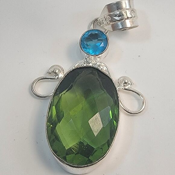 Handmade Sterling Silver Pendant Necklace Showcasing Green Quartz and Blue Topaz - Picture 1 of 10